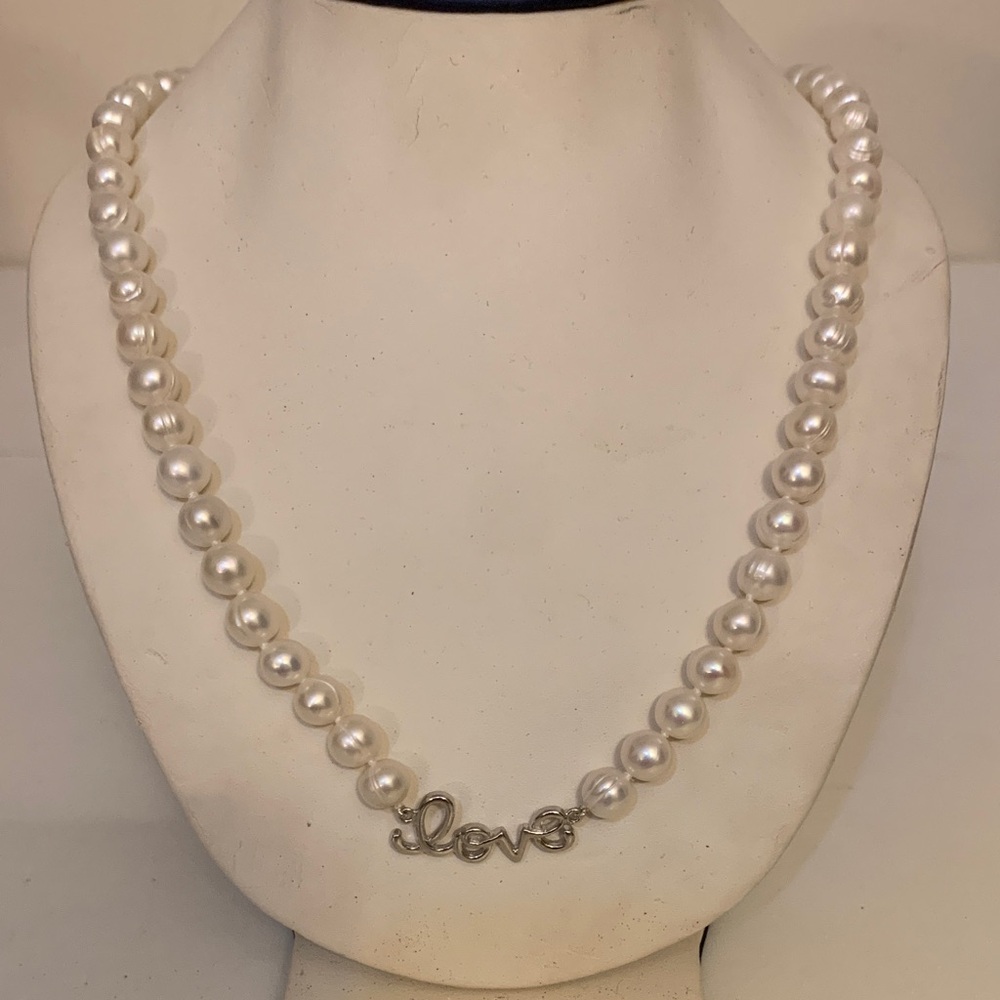 Elegant Pearl Necklace with Silver 'Love' Pendant